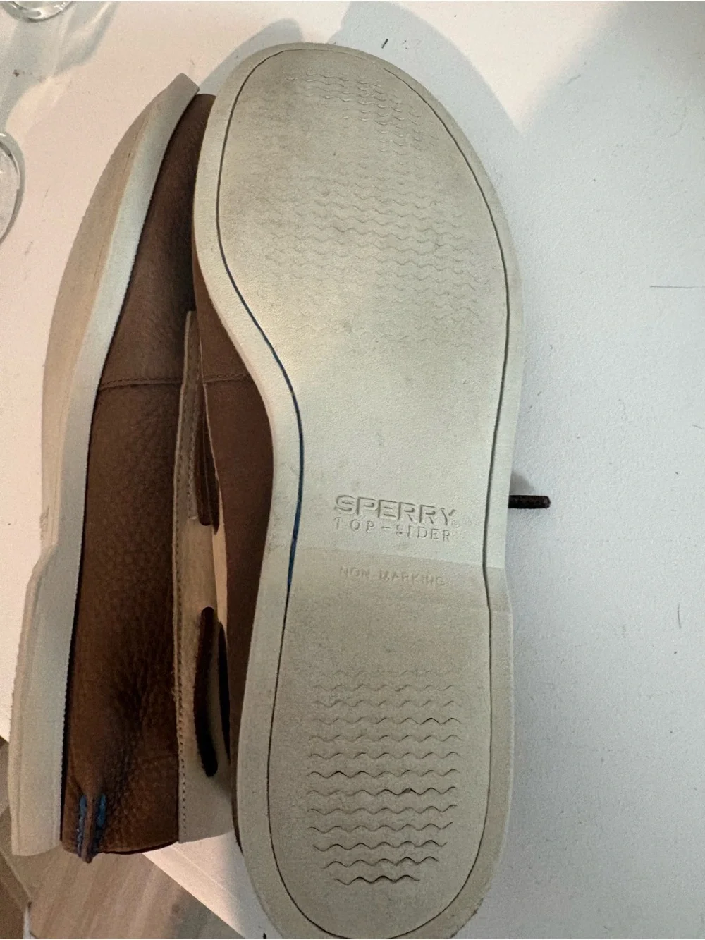 Sperry Two-Tone Brown and Cream Leather Boat Shoes with Blue Accent